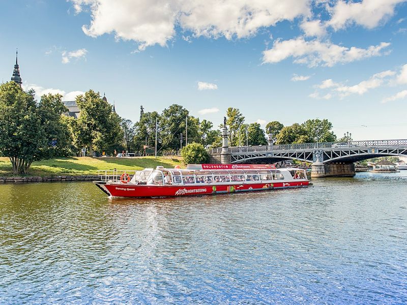 Hop-on hop-off sightseeing boat on the water in Stockholm