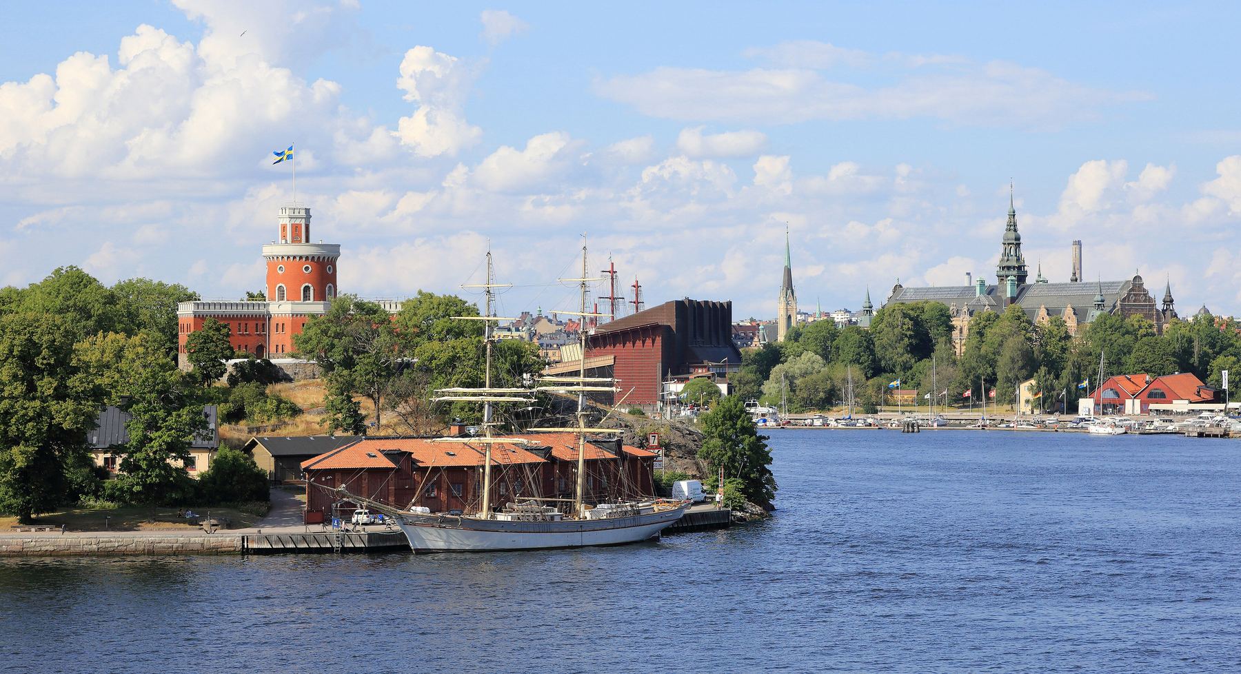 Summer view over the water to Kastellet, the Vasa Museum and the Nordic Museum on Djurgården, Stockholm